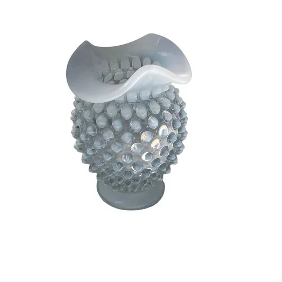 Fenton Vintage White Hobnail Opalescent Milk Glass Vase Petite Ruffled Edge Deco